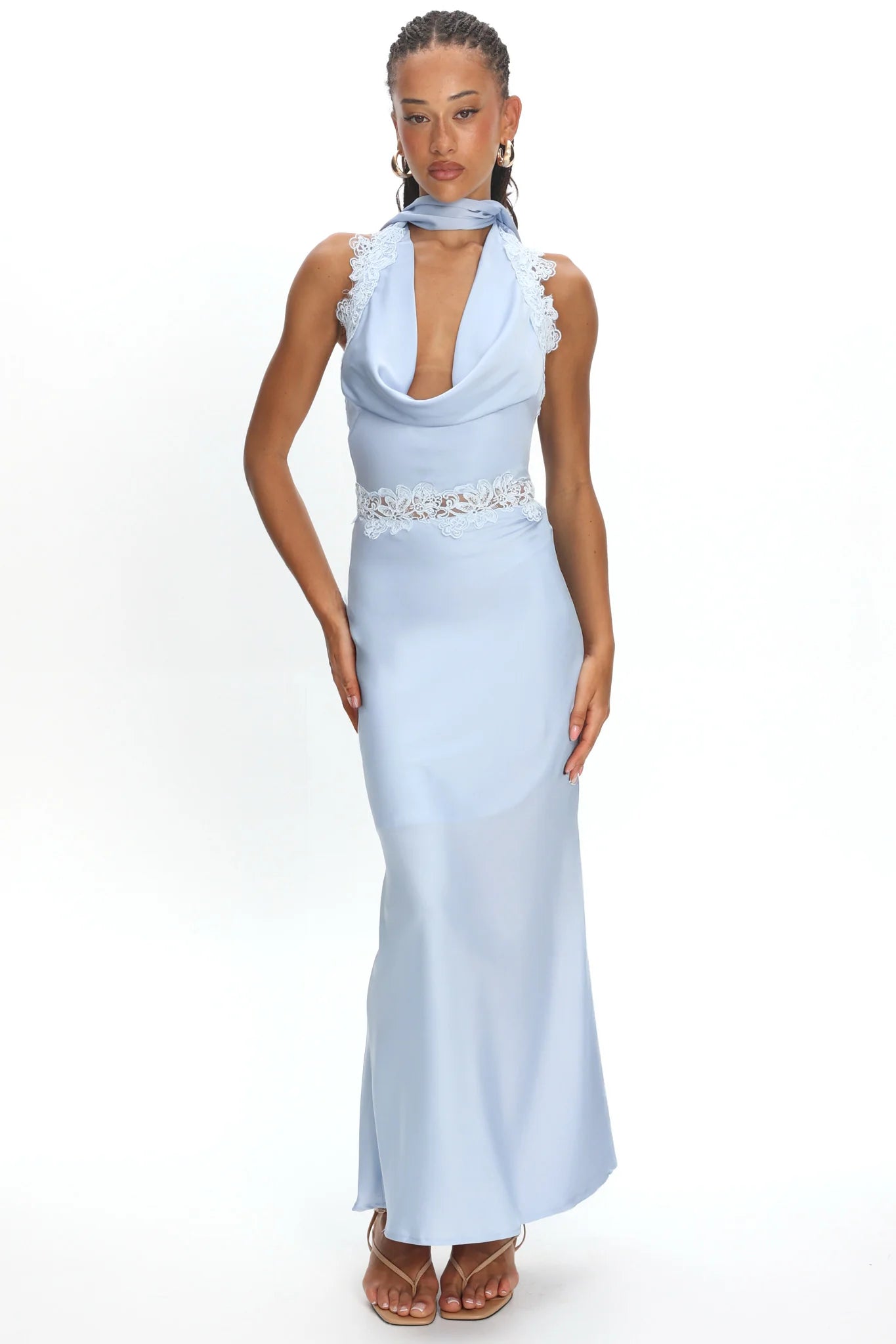 Baby Blue Satin Lace Halter Cowl Neck Maxi Evening Dress