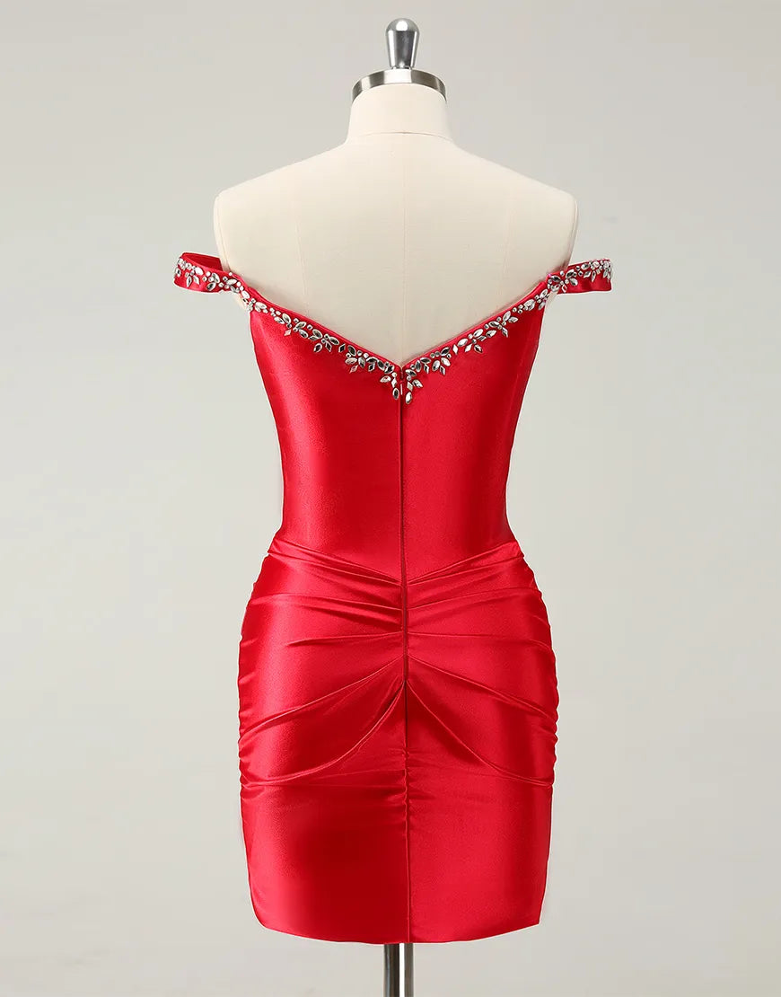 Side view of the beaded off-shoulder form-fitting maxi dress.