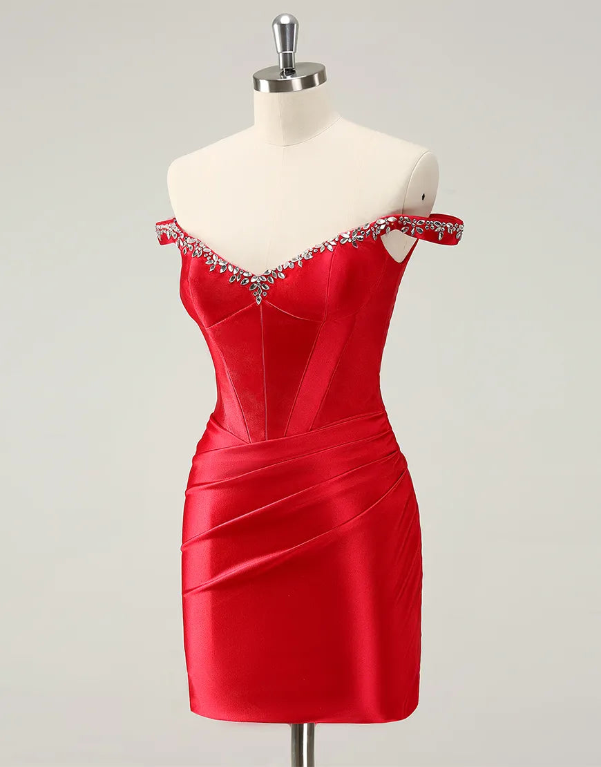 Full length view of the beaded off-shoulder formal dress.