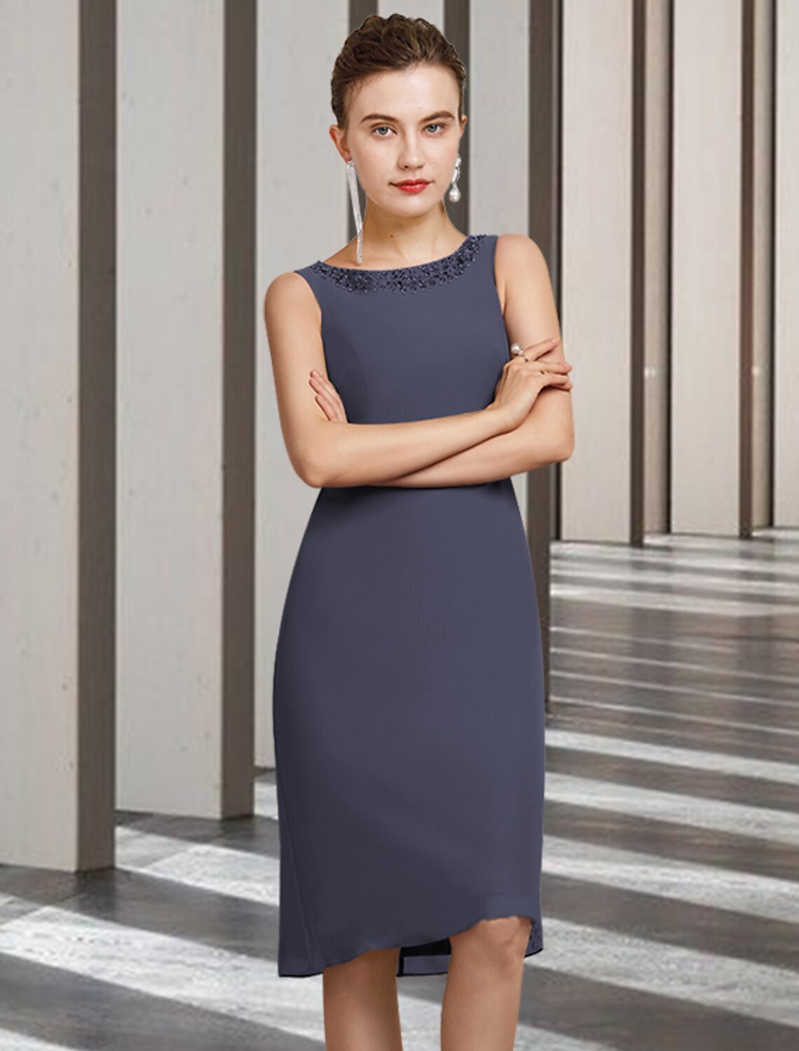 Full view of the two-piece beaded dress, suitable for formal occasions.