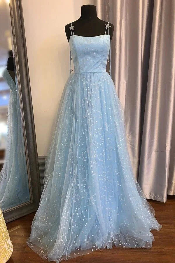 Elegant light blue A-line prom dress with spaghetti straps.