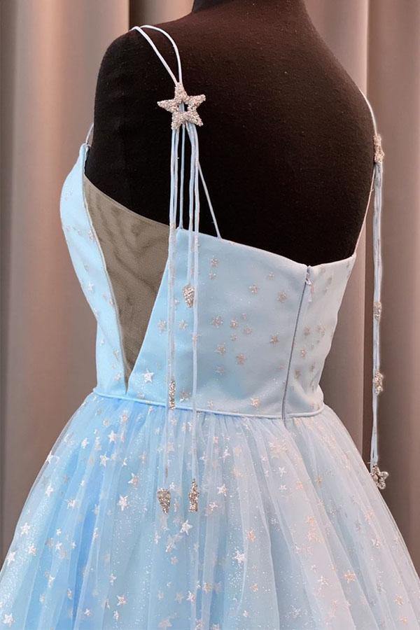 Model wearing a light blue V-neck A-line formal gown.