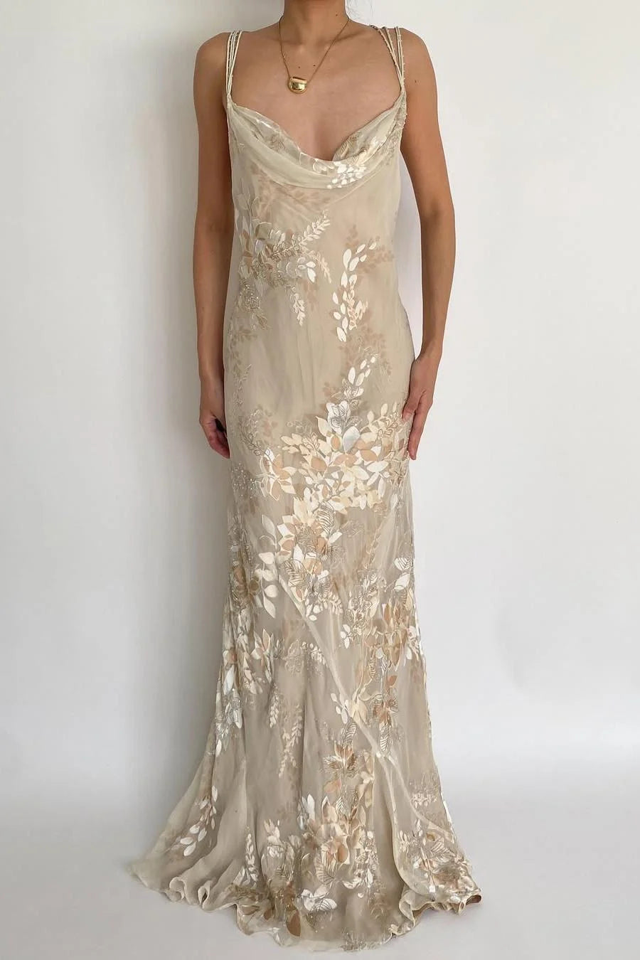 Beige Floral Chiffon Prom Dress with Cowl Neck and Criss Cross Open Back for Formal Events and Prom Nights