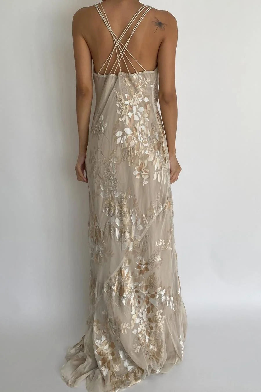 Beige Floral Chiffon Prom Dress with Cowl Neck and Criss Cross Open Back for Formal Events and Prom Nights
