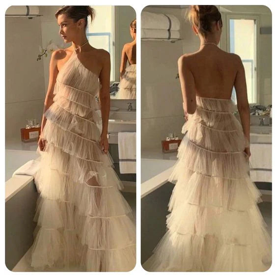 Beige One Shoulder Tiered Tulle Prom Dress for Formal Events and Prom Nights