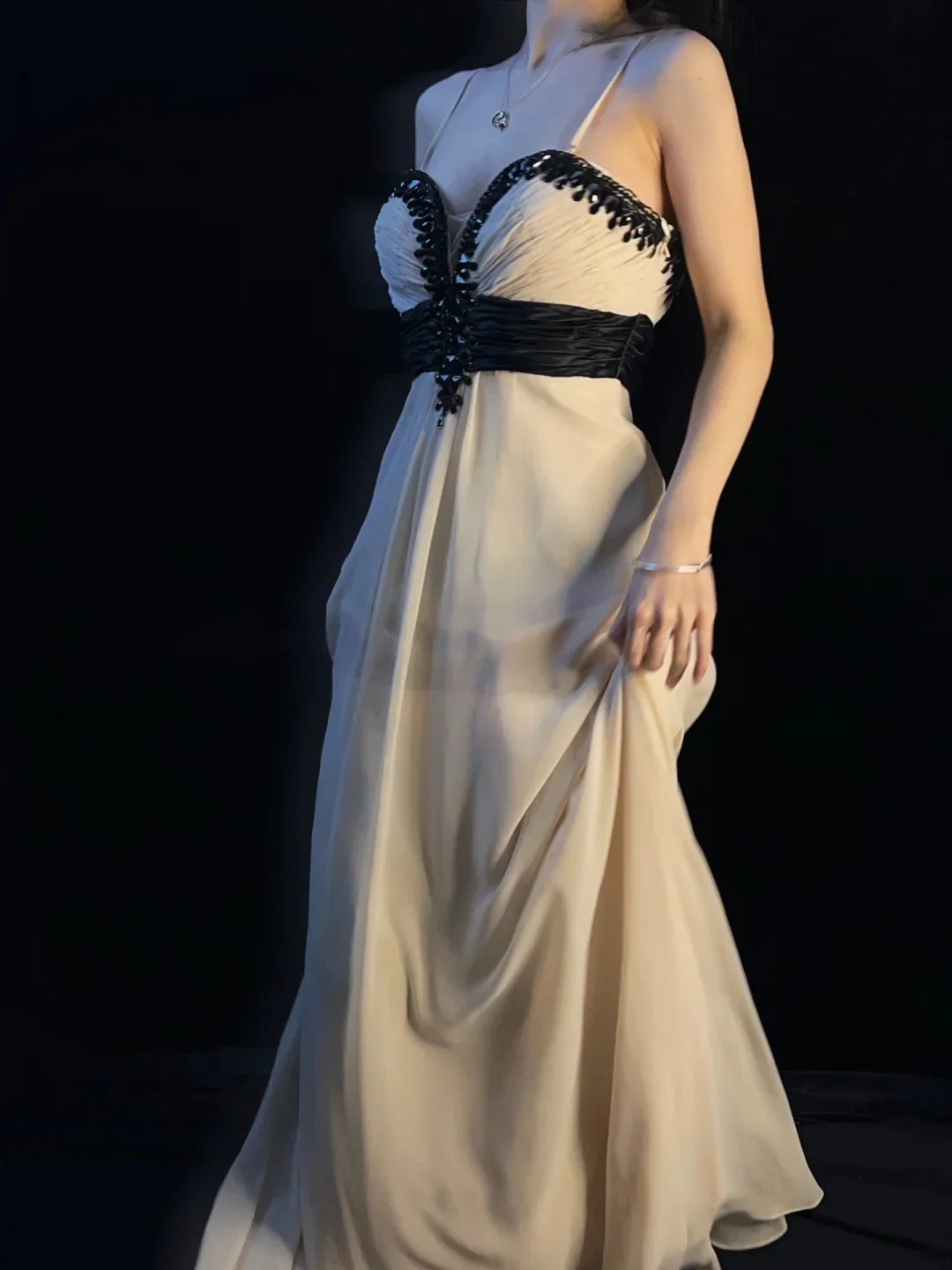 Beige Spaghetti Strap Prom Dress With Black Beaded Sweetheart Neckline And Waistband Chiffon A Line Formal Prom Dress