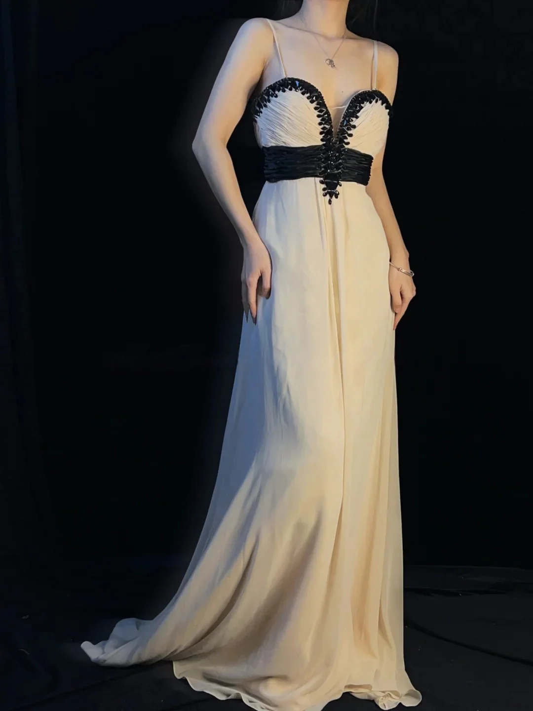 Beige Spaghetti Strap Prom Dress With Black Beaded Sweetheart Neckline And Waistband Chiffon A Line Formal Prom Dress