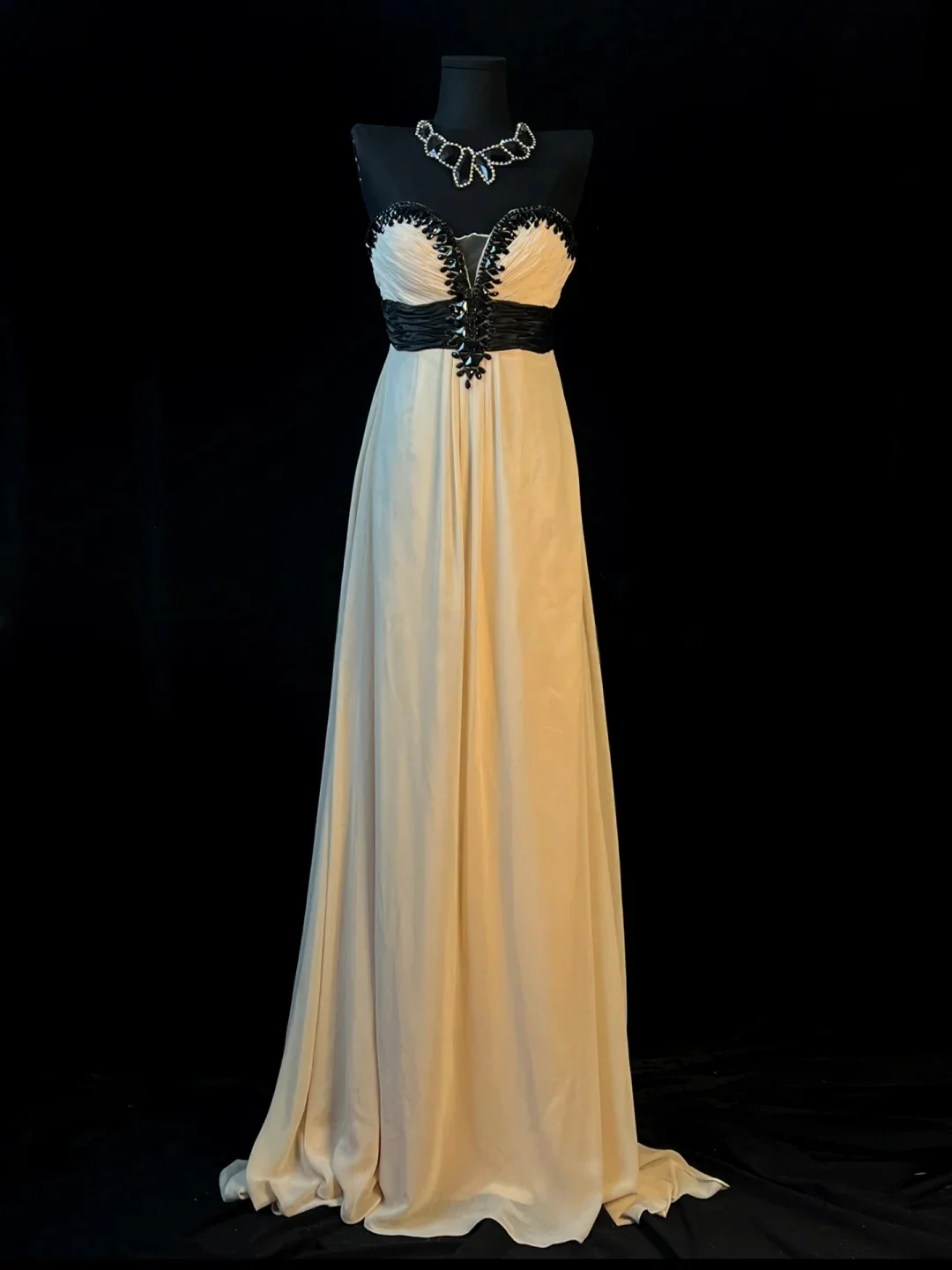 Beige Spaghetti Strap Prom Dress With Black Beaded Sweetheart Neckline And Waistband Chiffon A Line Formal Prom Dress