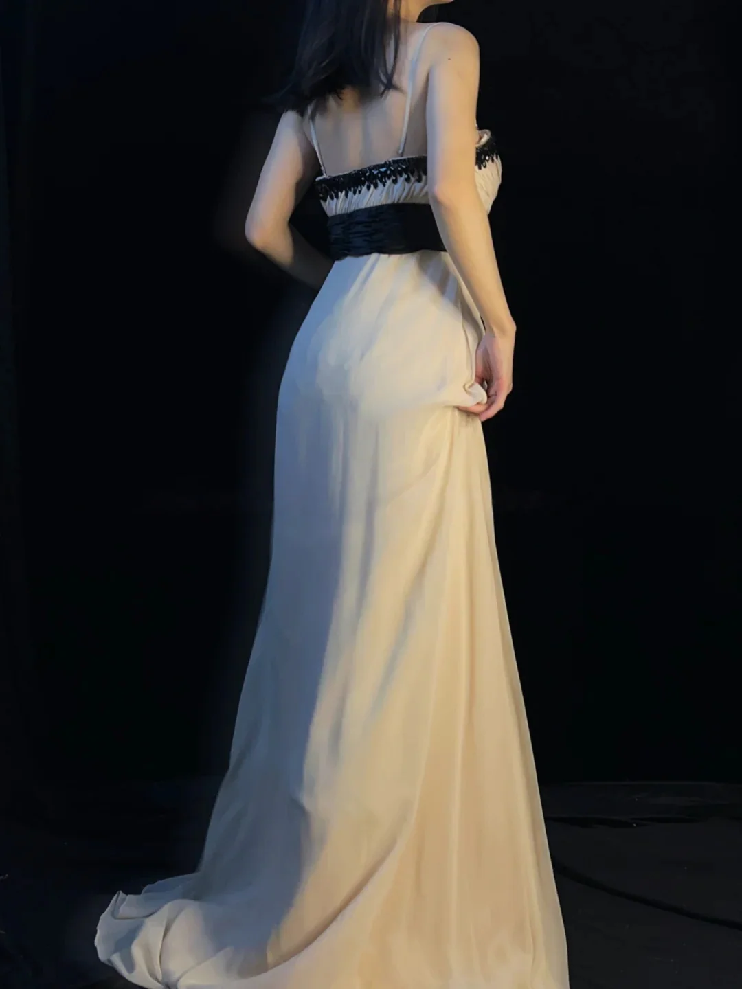 Beige Spaghetti Strap Prom Dress With Black Beaded Sweetheart Neckline And Waistband Chiffon A Line Formal Prom Dress