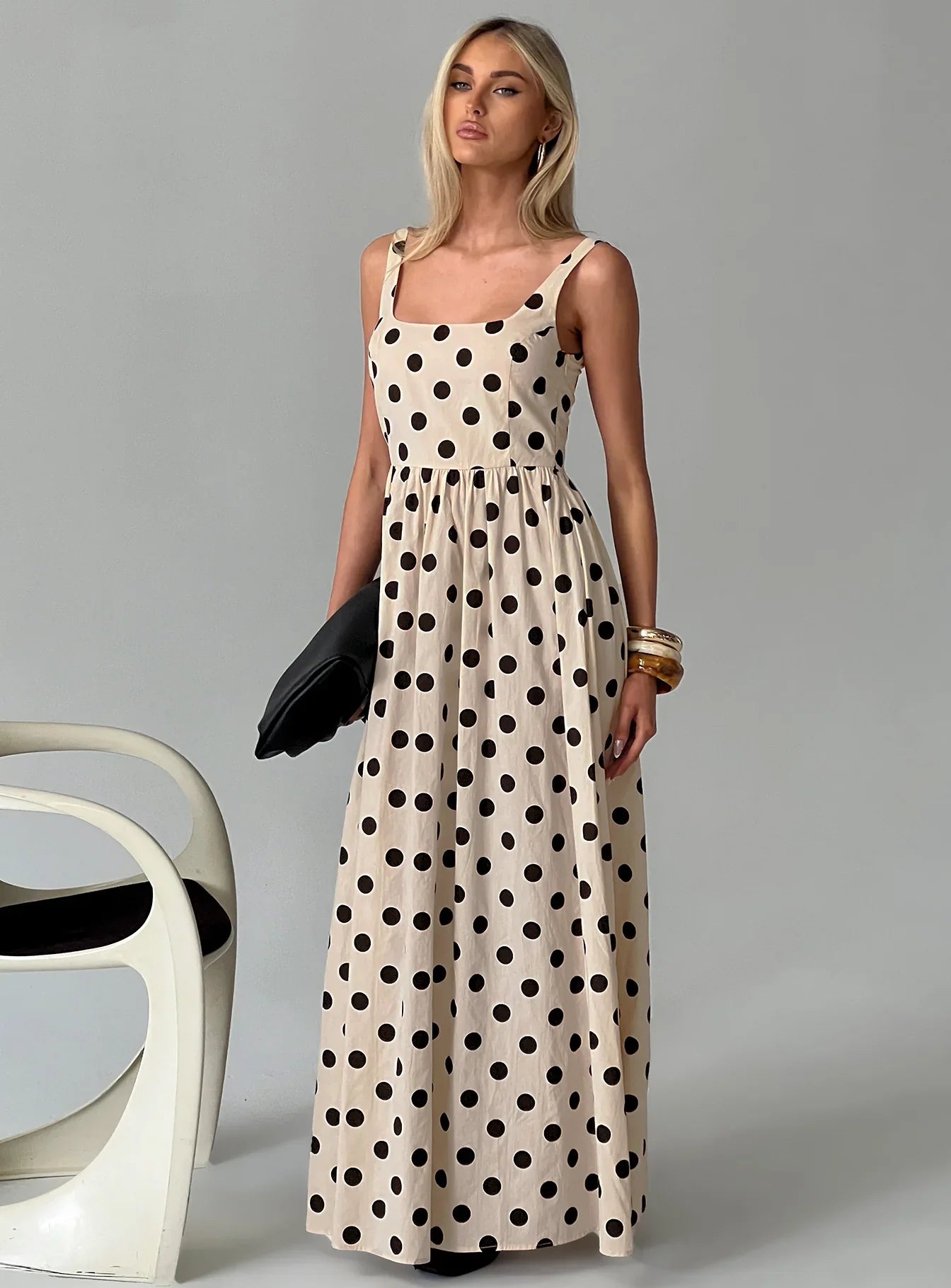 Beige Square Neck Prom Dress with Black Polka Dots and Smocked Back for Formal Events and Prom Nights