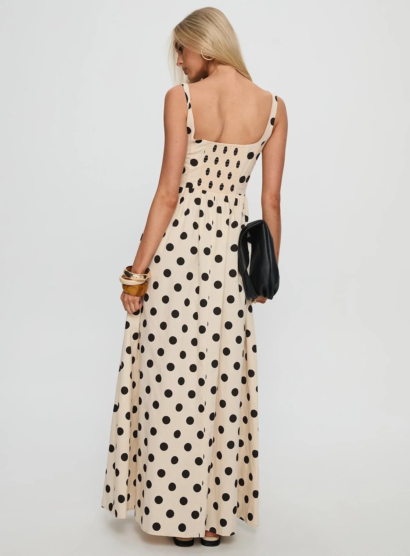 Beige Square Neck Prom Dress with Black Polka Dots and Smocked Back for Formal Events and Prom Nights