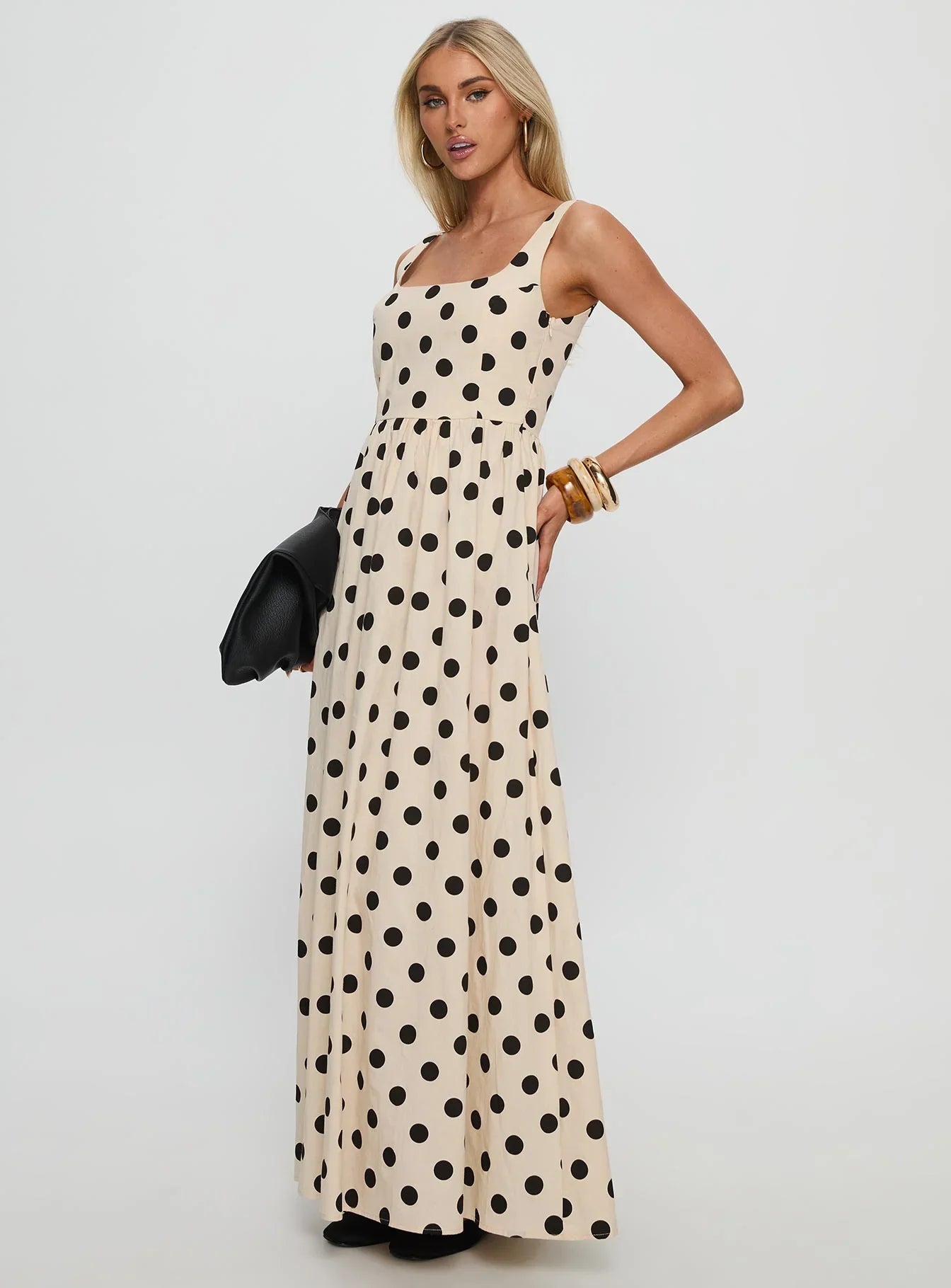 Beige Square Neck Prom Dress with Black Polka Dots and Smocked Back for Formal Events and Prom Nights