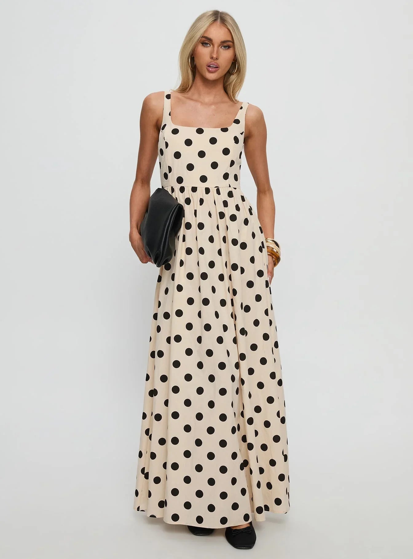 Beige Square Neck Prom Dress with Black Polka Dots and Smocked Back for Formal Events and Prom Nights