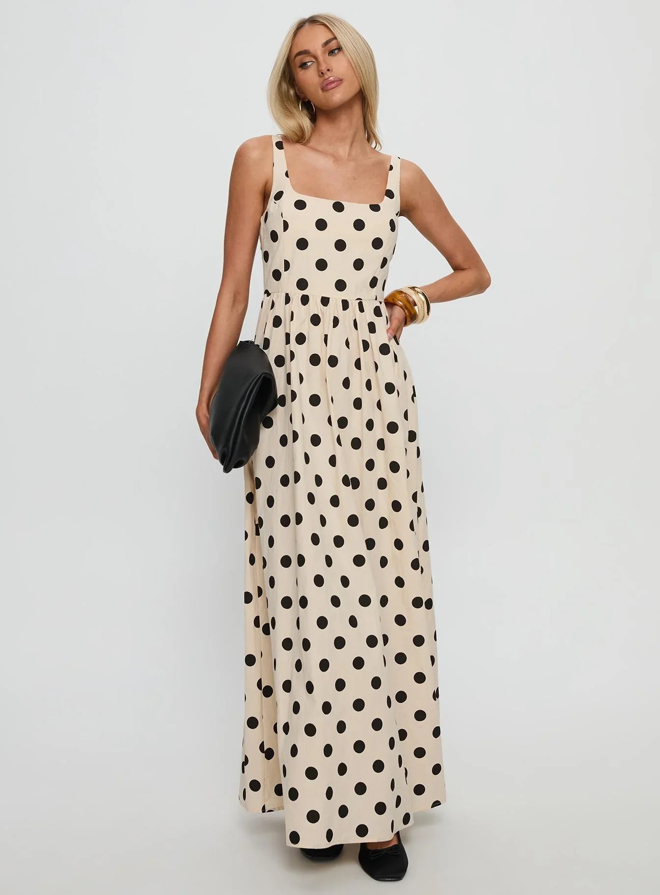 Beige Square Neck Prom Dress with Black Polka Dots and Smocked Back for Formal Events and Prom Nights