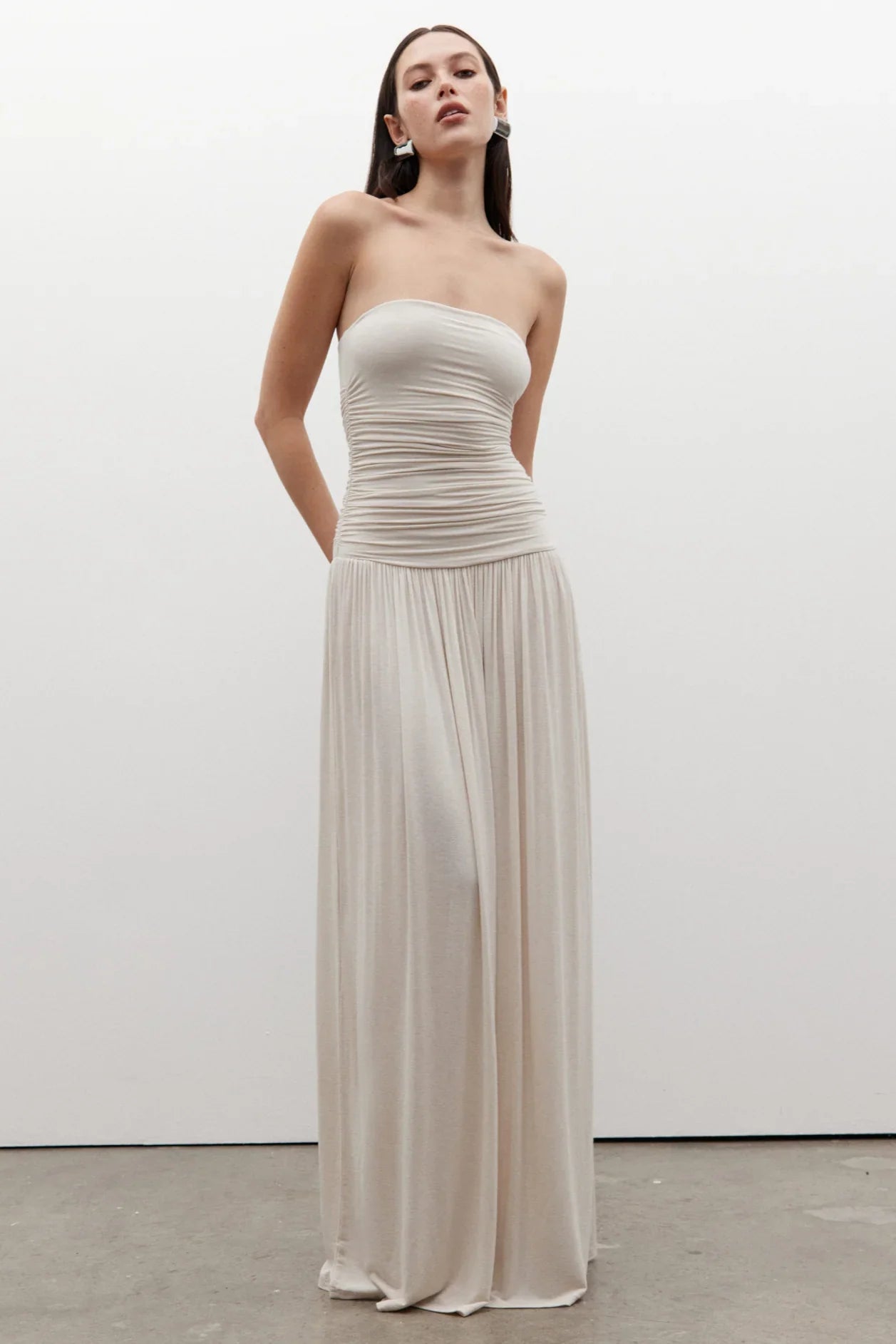 Beige Strapless Ruched Bodice Flowy Maxi Formal Evening Prom Dress