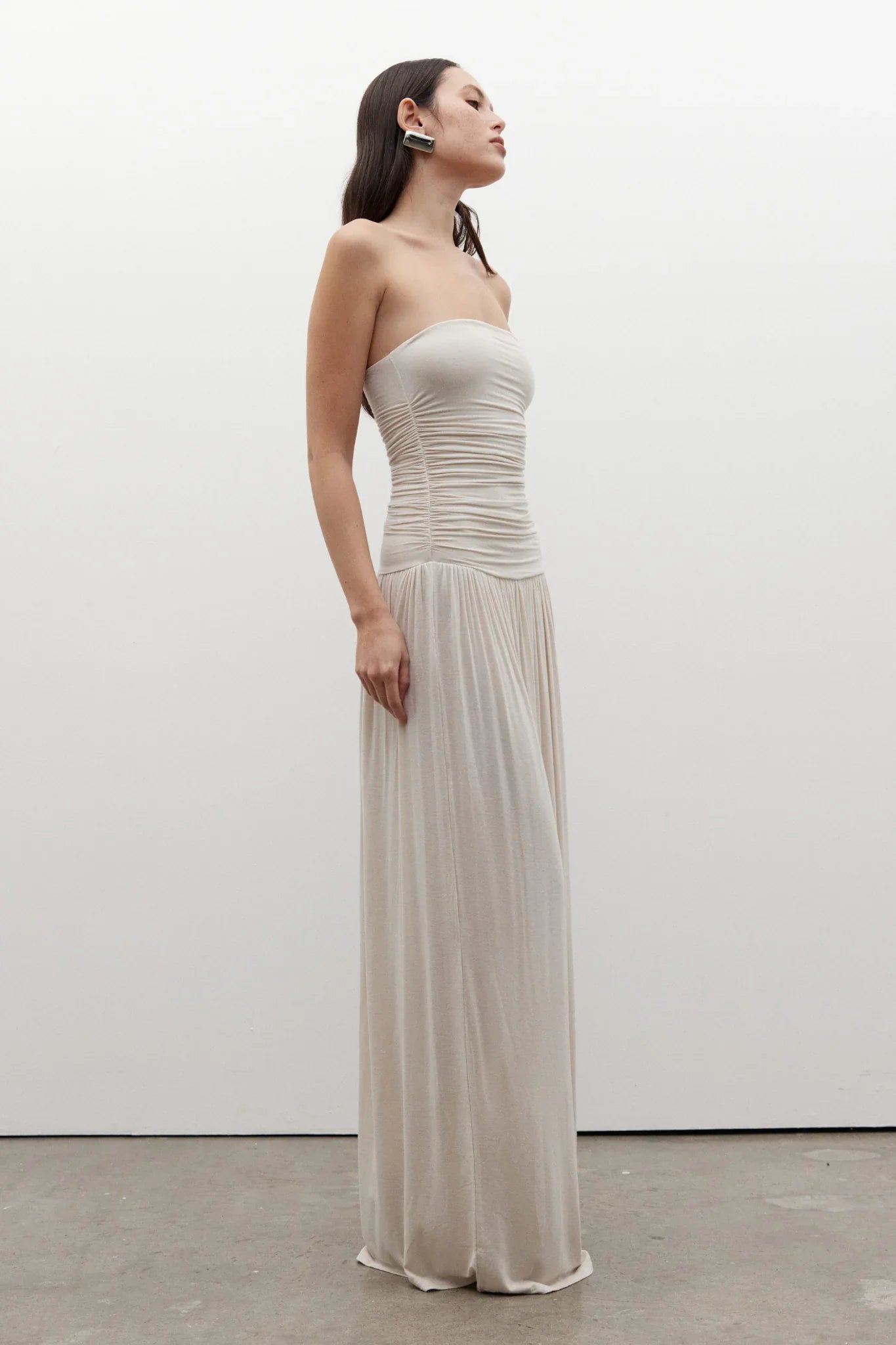 Beige Strapless Ruched Bodice Flowy Maxi Formal Evening Prom Dress