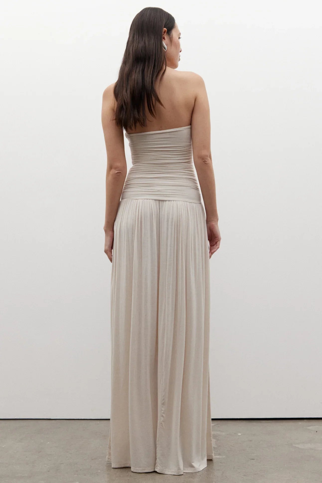 Beige Strapless Ruched Bodice Flowy Maxi Formal Evening Prom Dress