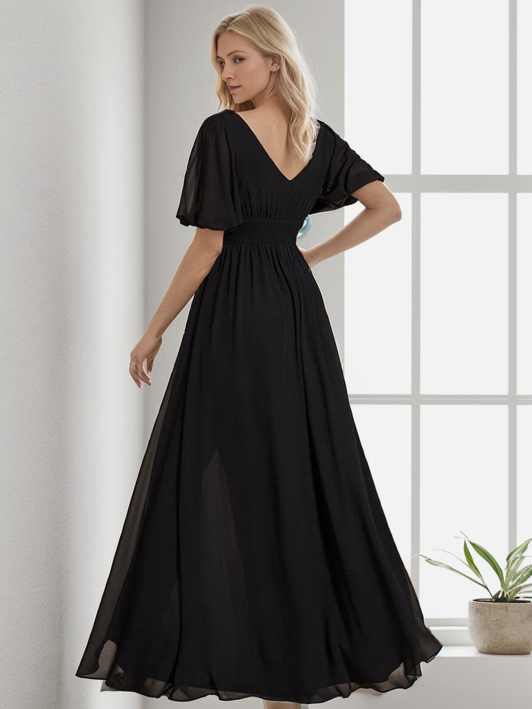 Chiffon Illusion V-Neck Flutter Sleeve Front Slit Evening Dress
