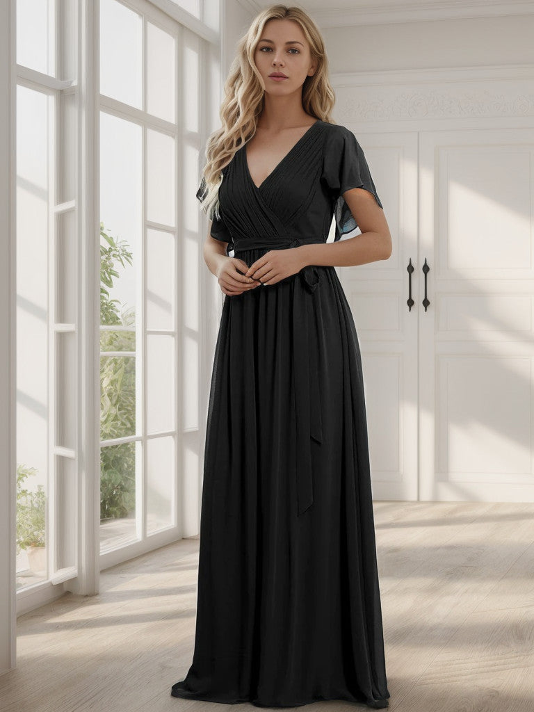 A-Line Pleated Chiffon Tie-Waist Evening Dress