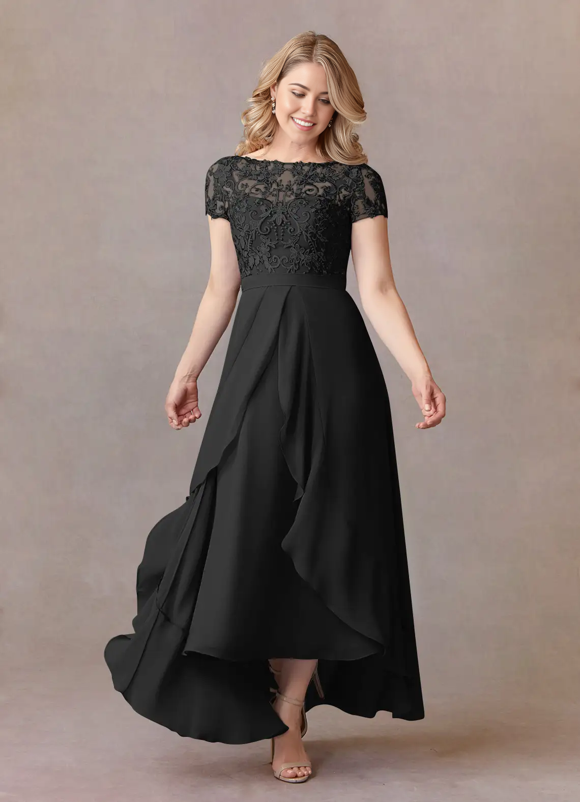 Elegant black A-line V-neck dress with lace appliques, front view.