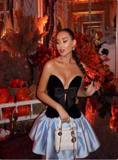 Black And Light Blue Strapless Homecoming Dress With Bow Detail And Puffy Skirt For Formal Evening Party