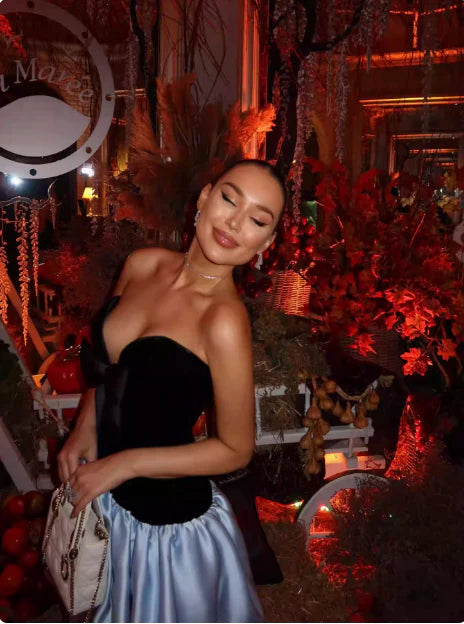 Black And Light Blue Strapless Homecoming Dress With Bow Detail And Puffy Skirt For Formal Evening Party