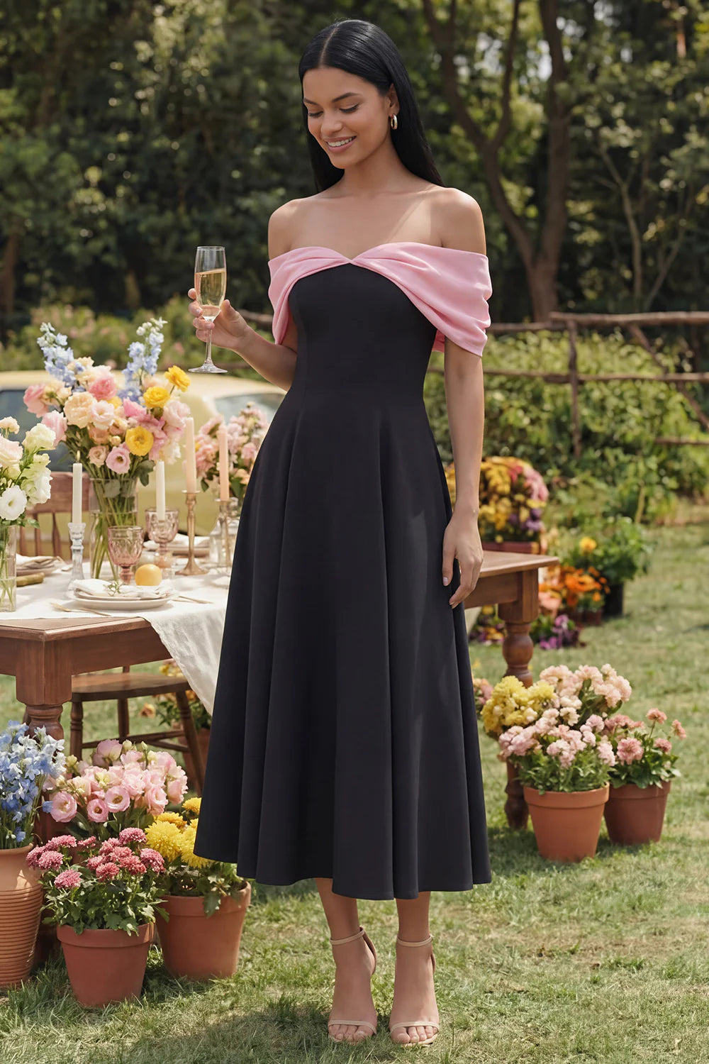 Black And Pink Off Shoulder Prom Dress With A Line Midi Skirt Formal Prom Dress