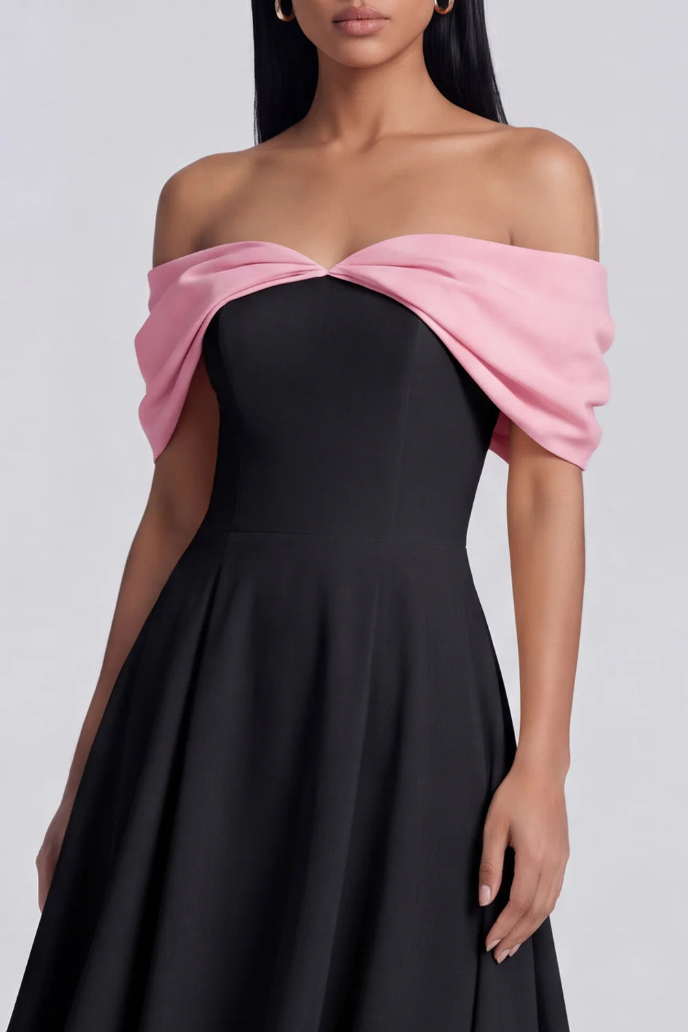 Black And Pink Off Shoulder Prom Dress With A Line Midi Skirt Formal Prom Dress