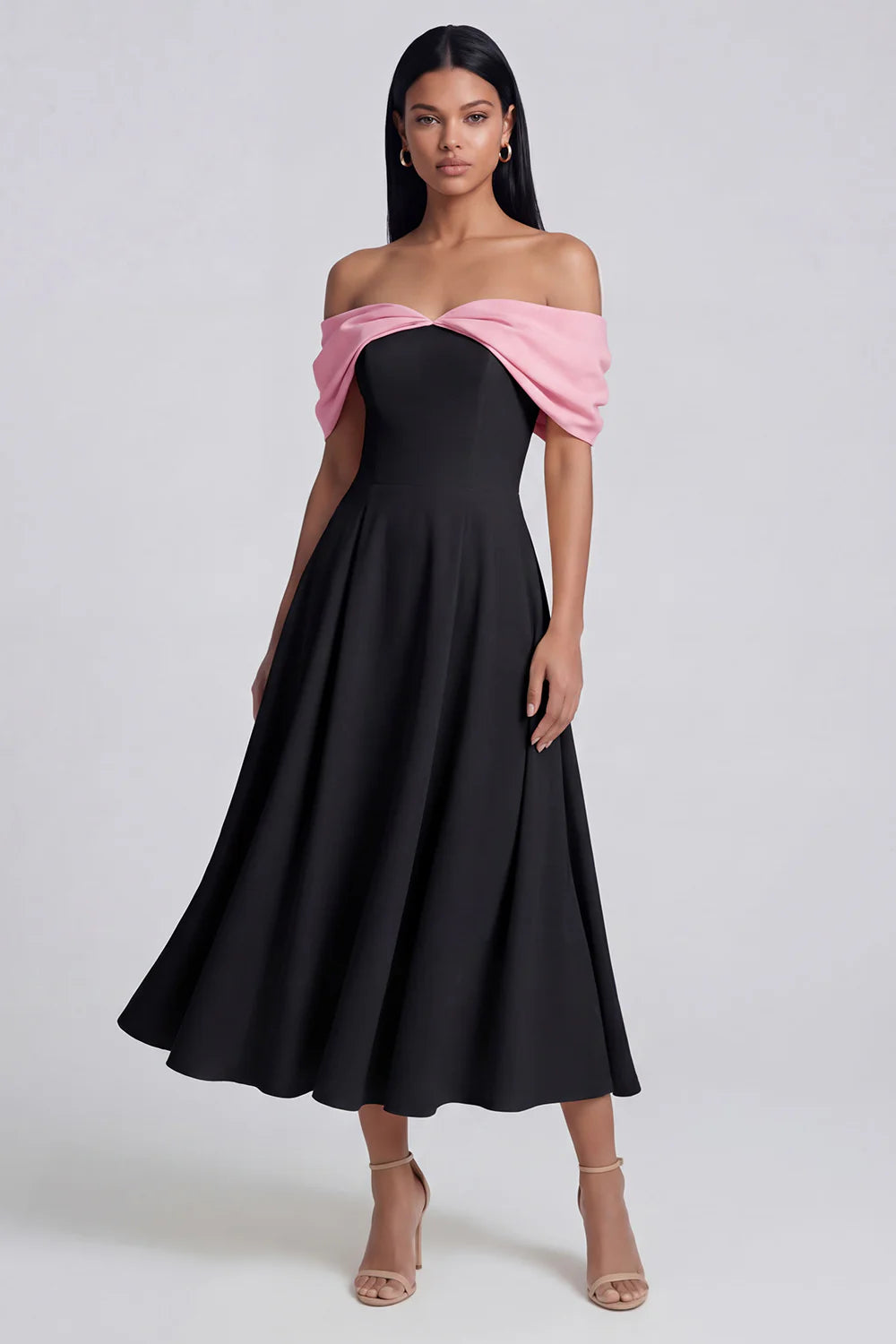 Black And Pink Off Shoulder Prom Dress With A Line Midi Skirt Formal Prom Dress