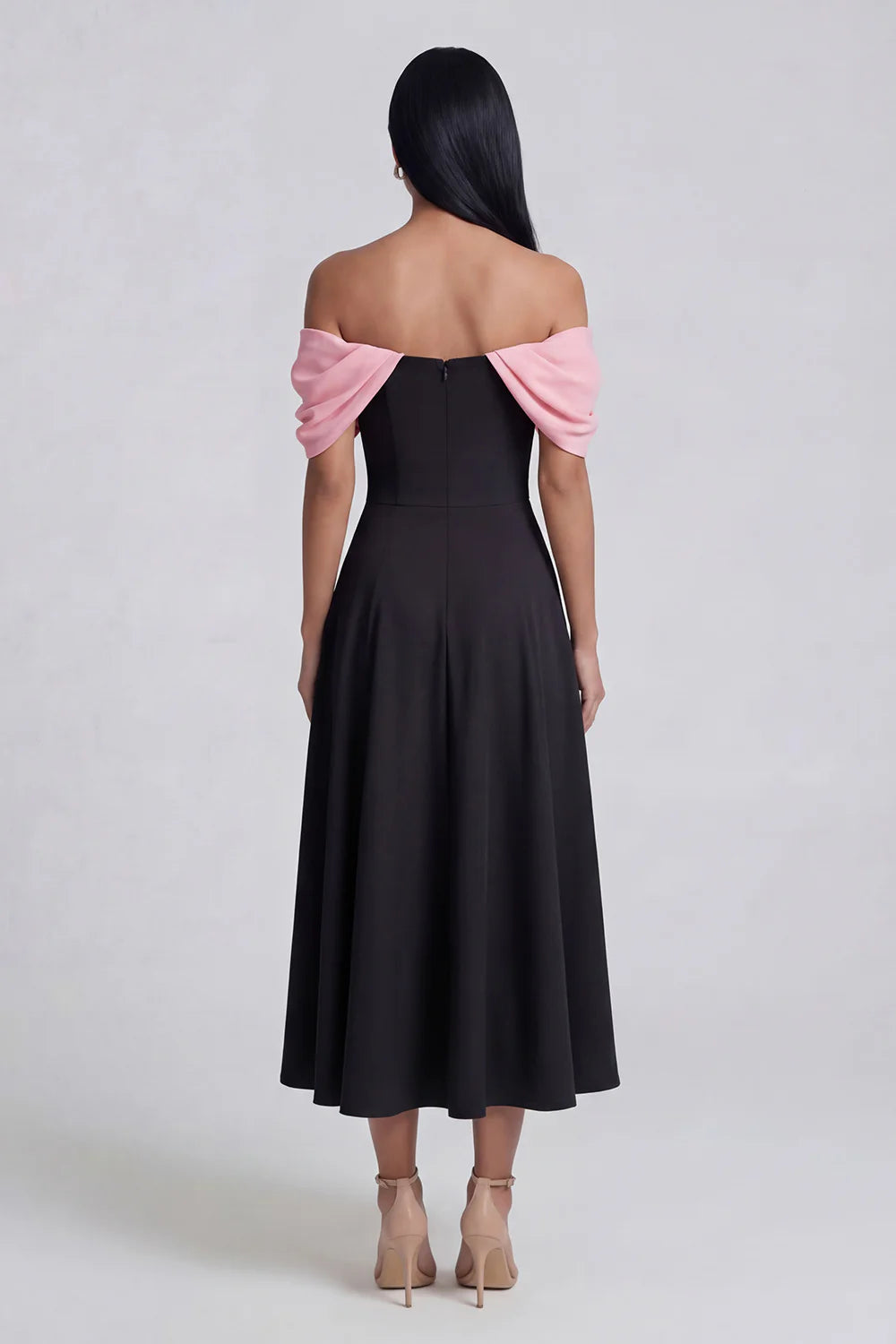 Black And Pink Off Shoulder Prom Dress With A Line Midi Skirt Formal Prom Dress