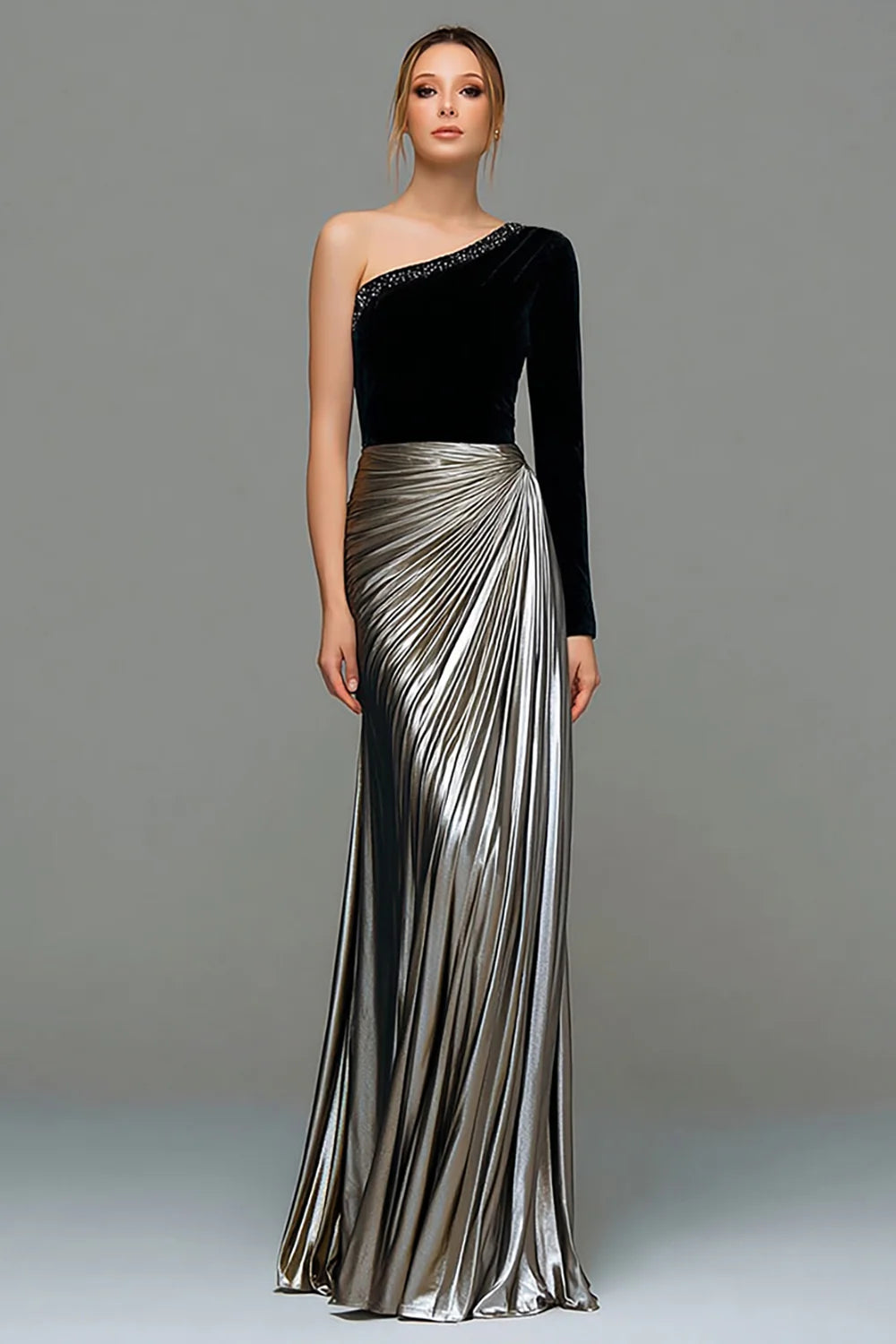 Black And Silver Two Tone One Shoulder Prom Dress With Beaded Neckline And Pleated Metallic Maxi Skirt For Formal Evening Party