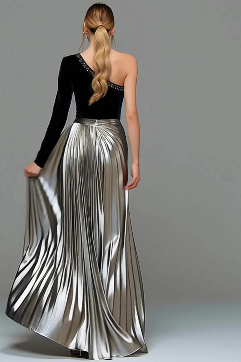 Black And Silver Two Tone One Shoulder Prom Dress With Beaded Neckline And Pleated Metallic Maxi Skirt For Formal Evening Party