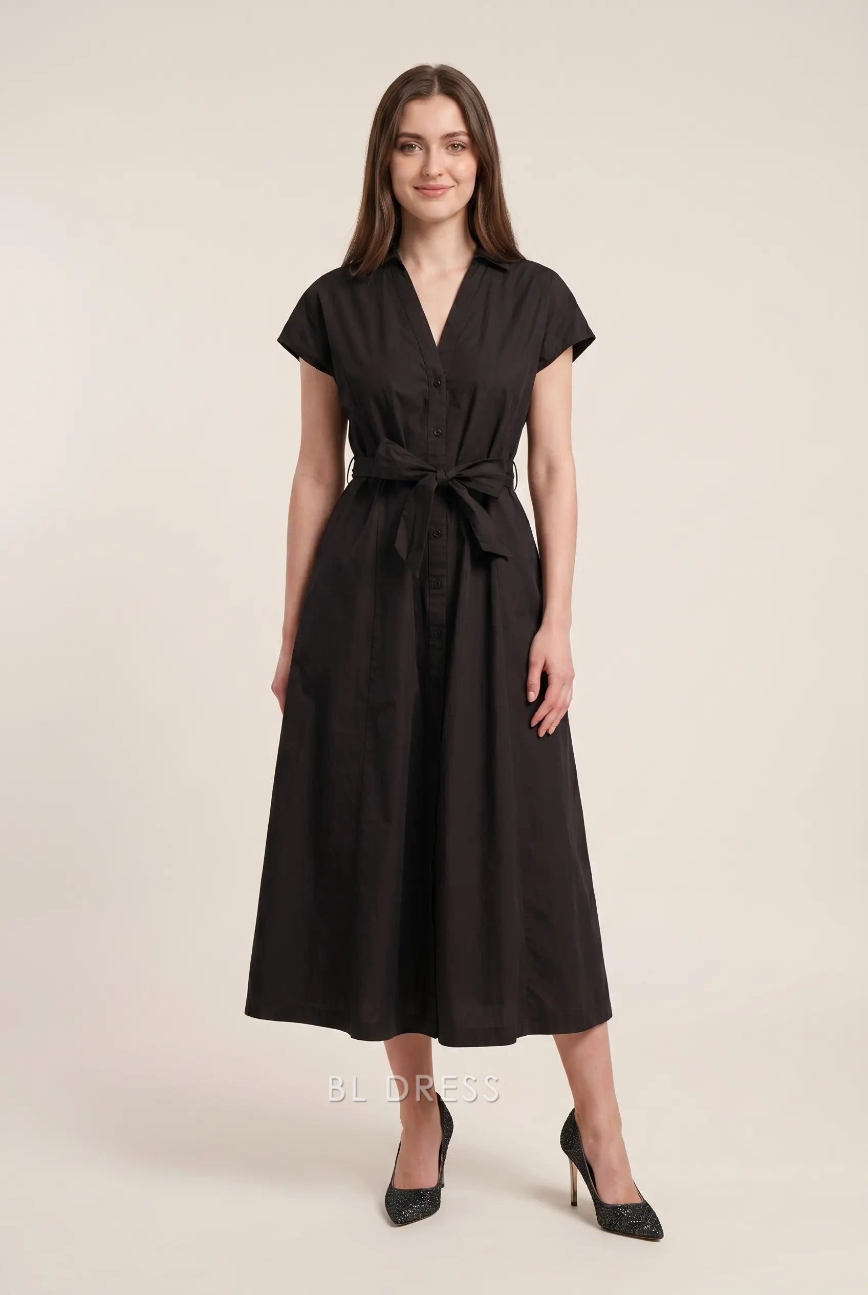 Black Collared V Neck Short Sleeve Sash Tie Waist Button Front Midi Formal Evening Prom Dress