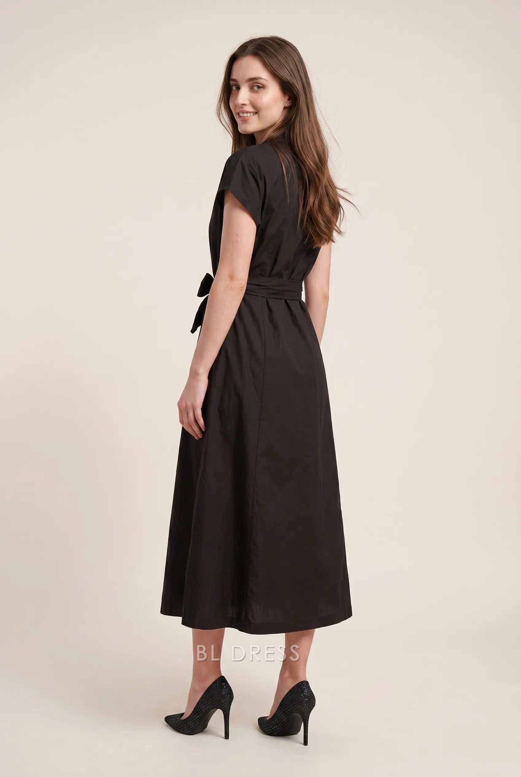 Black Collared V Neck Short Sleeve Sash Tie Waist Button Front Midi Formal Evening Prom Dress