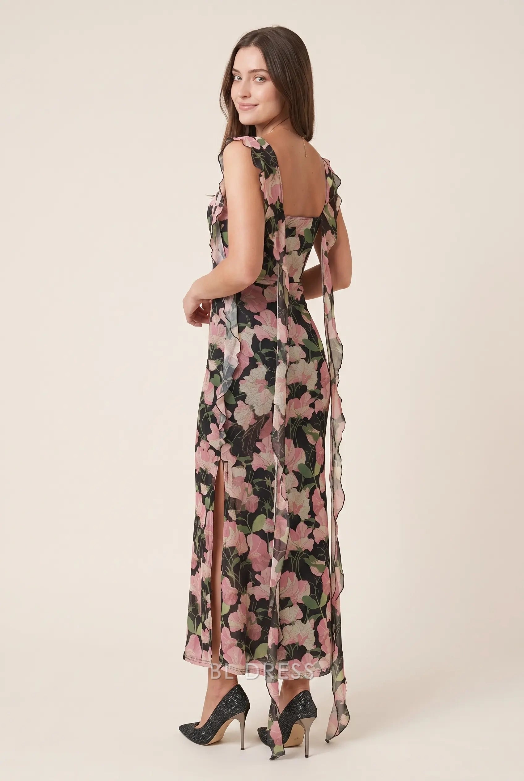 Black Floral Print Square Neck Ruffled Straps High Slit Chiffon Floor Length Formal Evening Prom Dress