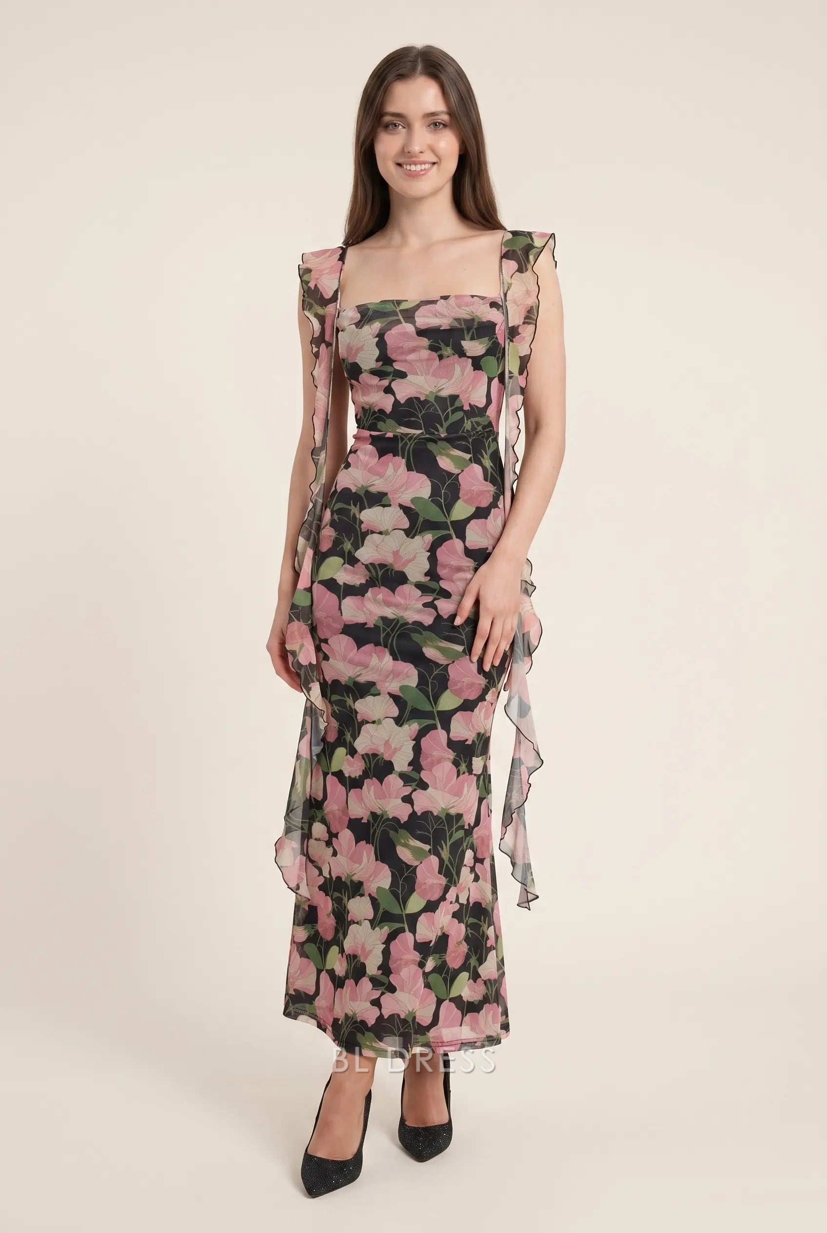 Black Floral Print Square Neck Ruffled Straps High Slit Chiffon Floor Length Formal Evening Prom Dress