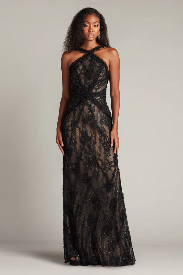 Black Halter Floral Lace Mermaid Floor Length Formal Evening Prom Dress