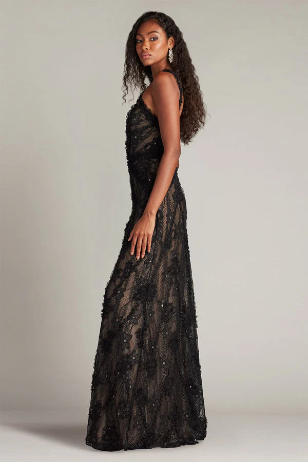Black Halter Floral Lace Mermaid Floor Length Formal Evening Prom Dress