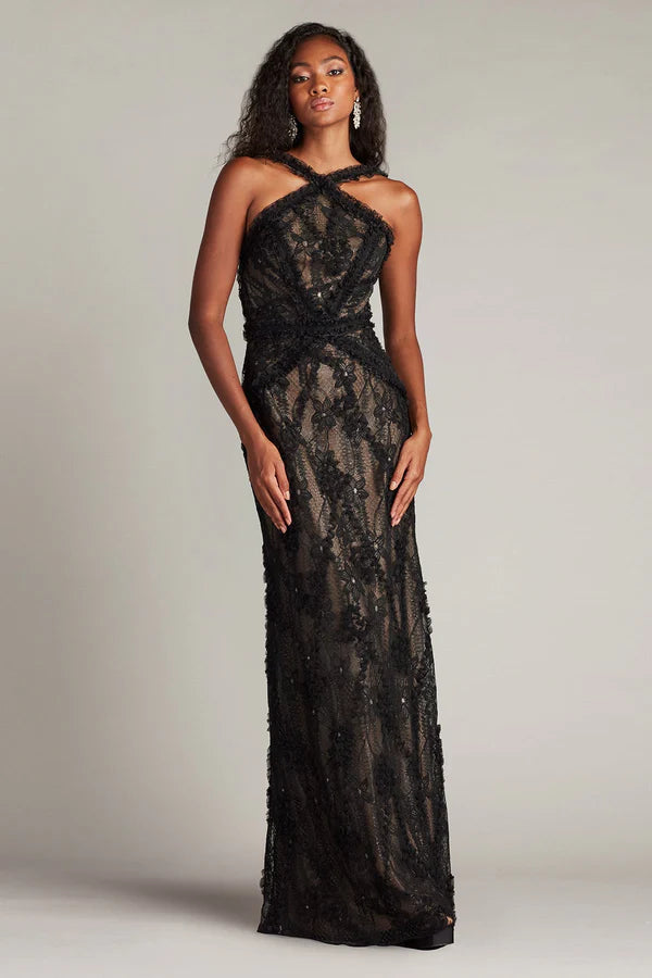 Black Halter Floral Lace Mermaid Floor Length Formal Evening Prom Dress