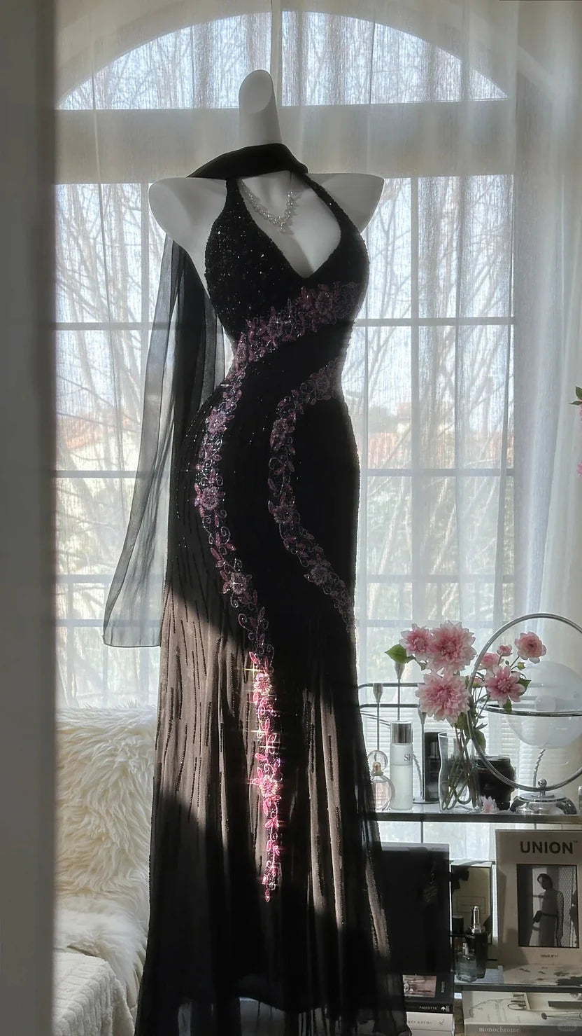 Black Halter Neck Mermaid Prom Dress with Pink Floral Beaded Details