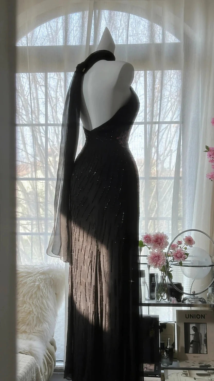 Black Halter Neck Mermaid Prom Dress with Pink Floral Beaded Details