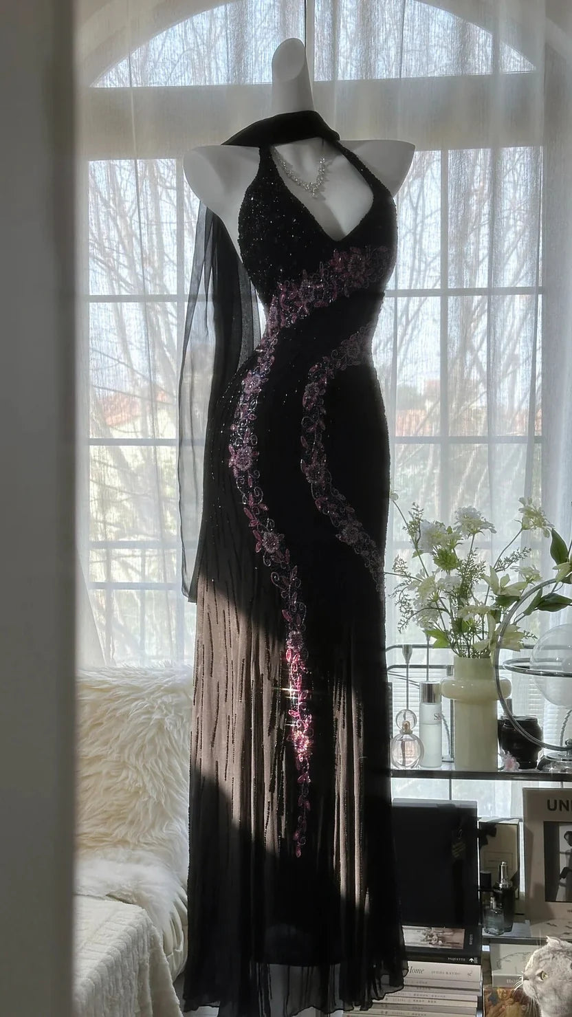 Black Halter Neck Mermaid Prom Dress with Pink Floral Beaded Details
