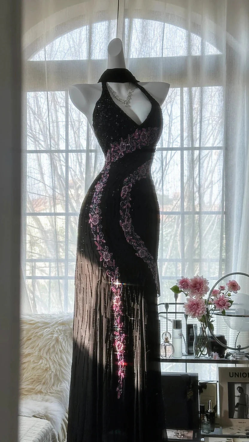 Black Halter Neck Mermaid Prom Dress with Pink Floral Beaded Details