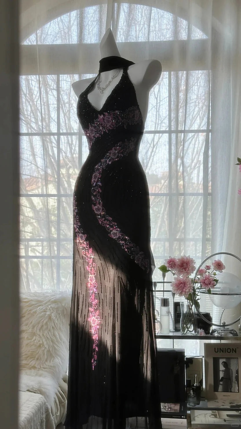 Black Halter Neck Mermaid Prom Dress with Pink Floral Beaded Details