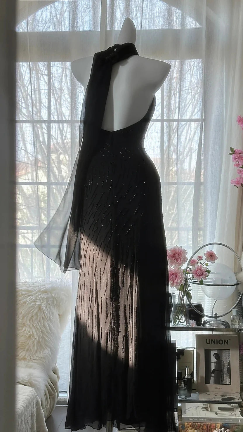 Black Halter Neck Mermaid Prom Dress with Pink Floral Beaded Details