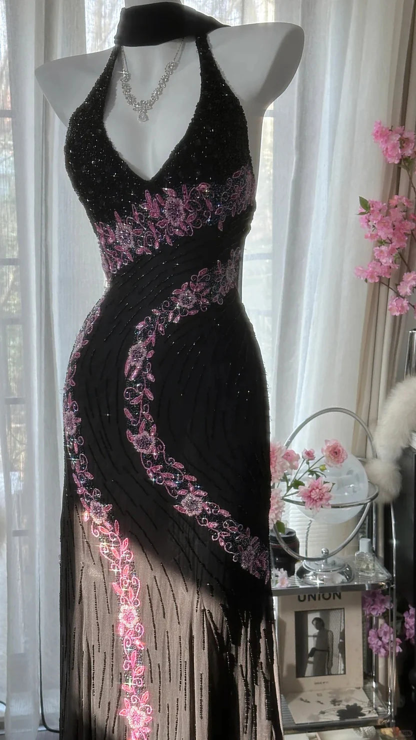 Black Halter Neck Mermaid Prom Dress with Pink Floral Beaded Details