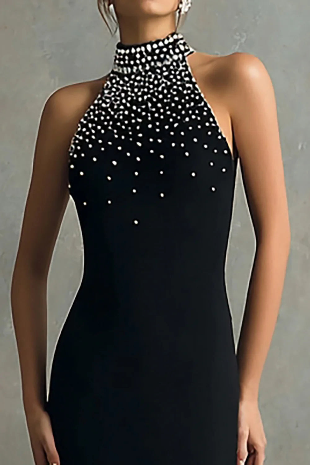 Black Halter Neck Prom Dress With Pearl Beaded Neckline And Mermaid Silhouette For Formal Evening Party