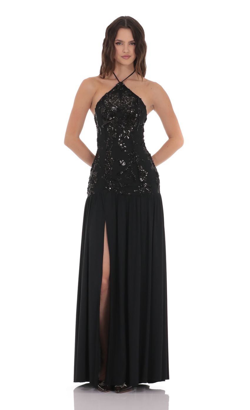 Black Halter Neck Prom Dress With Sequin Bodice And Chiffon Skirt Formal Prom Dress