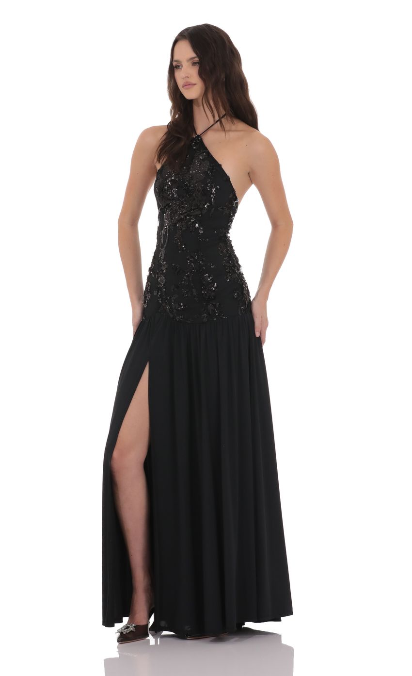 Black Halter Neck Prom Dress With Sequin Bodice And Chiffon Skirt Formal Prom Dress