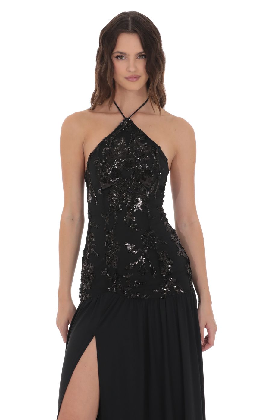 Black Halter Neck Prom Dress With Sequin Bodice And Chiffon Skirt Formal Prom Dress